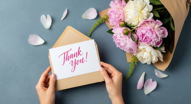 Hands holding thank you card with pink and peonies bouquet envelope flowers