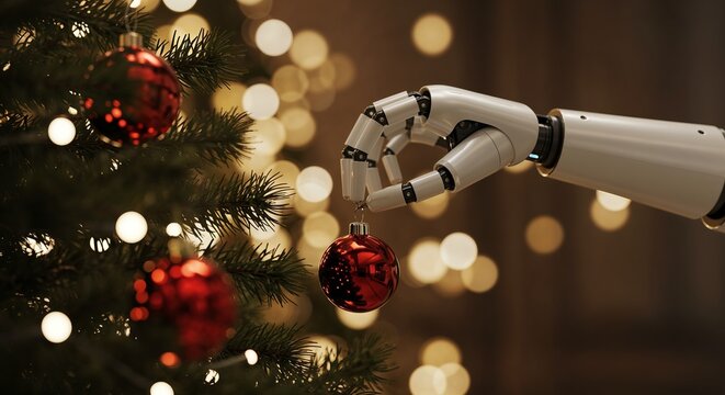 White robotic hand holding red Christmas ornament near tree with bokeh lights - Powered by Adobe