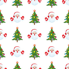 Cute Christmas seamless pattern with Santa Claus faces and decorated Christmas trees. Festive holiday background for wrapping paper. Editable vector illustration.