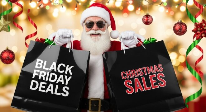 Santa holding shopping bags for holiday sales events