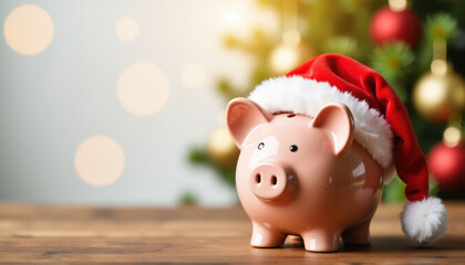 Festive piggy bank wearing a santa hat on a wooden table with christmas tree and lights in the background