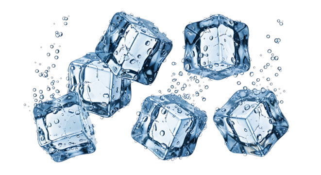 Six light blue transparent ice cubes falling with splashing water droplets isolated on a clean background. Dynamic and refreshing