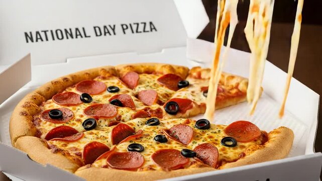 Delicious pepperoni pizza slice being lifted from box with strings of melted cheese stretching