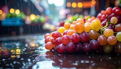Fresh grapes on wet market table with tiny water drops after rainfall
