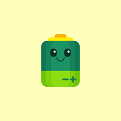 Illustration of a battery mascot with a dominant green color and yellow and orange accents