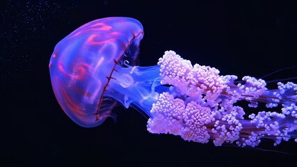 Jellyfish swimming in harmony against a black background, highlighting the isolated beauty of these underwater creatures, perfect for nature documentaries or educational backgrounds showcasing.