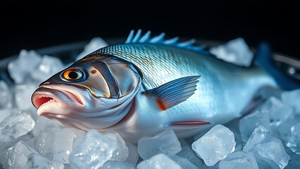 seabass. Fresh sea bass on ice, its glistening scales captured in cool, crisp detail. menu design, packaging mockups, designed for food delivery and cloud-kitchen brand materials.