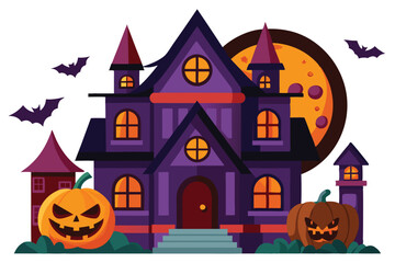 Purple cartoon house with pumpkins and bats creates a spooky yet whimsical Halloween scene