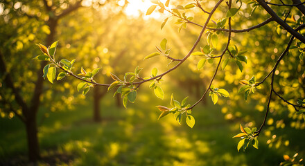 Obraz premium Sunlit orchard with fresh green leaves tree sunlight spring nature garden branch plant