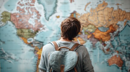 Obraz premium Person contemplating world map planning travel adventure exploration concept