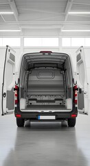 Spacious and modern interior of a commercial delivery van with rear doors open for industrial and logistic transportation design