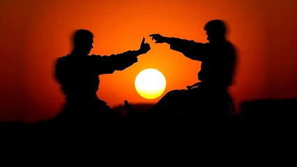 kungfu. Two martial artists in dynamic silhouettes against a sunset, capturing energy and movement in an abstract style. inspiring travel planning.