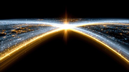 Abstract representation of global data streams and network connections flowing over a stylized Earth at night, illuminated by a bright light source.