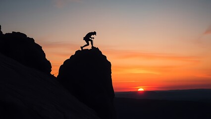 wideangle. A lone climber silhouetted on a rock formation at dusk, framed by a vibrant sunset color palette. inspiring travel planning.