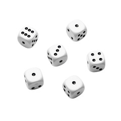 Six smooth white plastic dice with black pips, scattered on a transparent background, generous copy space, bright studio light, concept of gaming and chance
