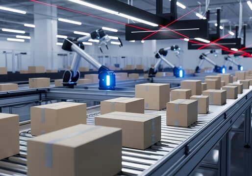 Automated warehouse logistics with robotic arms sorting packages on conveyor system for efficient shipping and distribution