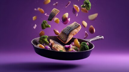 cast iron pan with grilled fish and vegetables such as broccoli, carrots, and potatoes are floating in mid-air