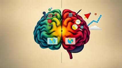 logic. Artistic split brain illustration depicting creativity and logic on a textured abstract background. wellbeing guides.