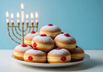 Hanukkah Celebration Sufganiyot and Menorah on a Festive Table Setting