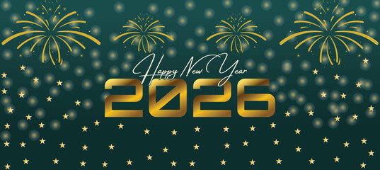 Happy New Year 2026 Banner with Gold Fireworks and Hanging Ornaments on Dark Blue Background