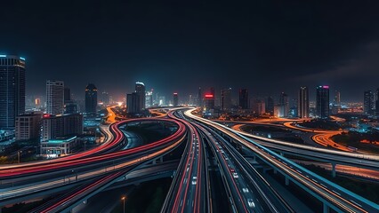 interchange. Urban highway at night with vibrant light trails, capturing the dynamic energy of the city after dark. mobility guides, transit brochures, designed for mobility and urban transit guides.