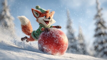 festive baby fox in a green elf costume sliding down a snowy hill on a giant red Christmas ornament