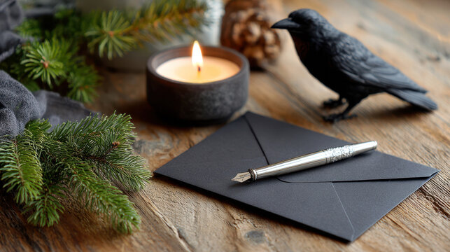 A black envelope with a silver fountain pen beside a candle and raven on a rustic wooden surface for unique holiday correspondence - Powered by Adobe