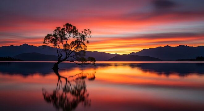 Tranquil sunset over lake with silhouette of lone tree and mountain reflections