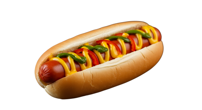 Yummy hot dog with fresh ingredients isolated on a transparent background. An appetizing American classic food for menus, advertising, and web banners - Powered by Adobe