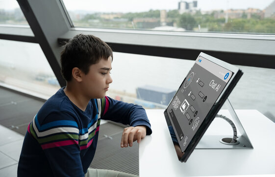 Smart young boy exploring AI training and receiving guidance through a futuristic digital interface, representing future education, self-learning, and artificial intelligence for children.