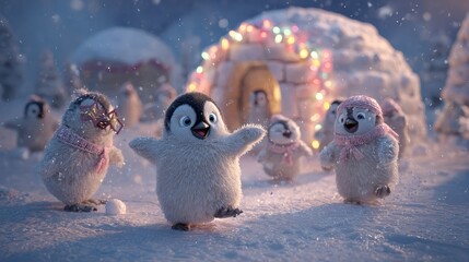 group of joyful penguins having a snowball fight near an igloo decorated with Christmas lights