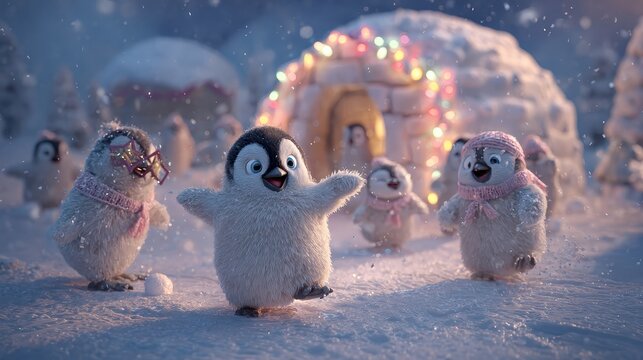 group of joyful penguins having a snowball fight near an igloo decorated with Christmas lights
