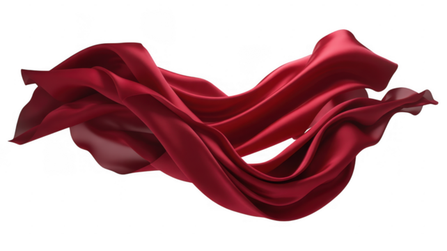 Flowing deep red silk fabric waves isolated on a transparent background