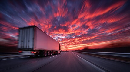 Semi truck driving on highway with fiery sunset sky and motion blur
