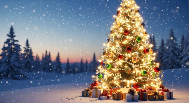 Christmas tree with festive lights and snowy winter landscape at dusk for holiday celebration design