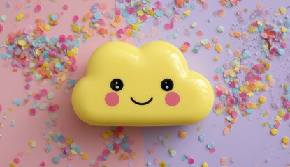 Yellow cloud figurine, cheerful face, confetti background