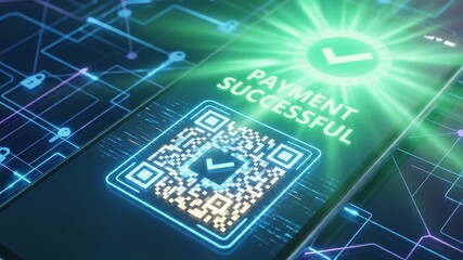 Secure mobile digital payment success confirmed with glowing QR code verification on a smartphone screen showing encrypted technology lines - Powered by Adobe