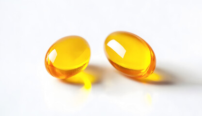 Two Yellow Softgel Gelatin Capsules Fish Oil Omega 3 Vitamins on White Background Close Up