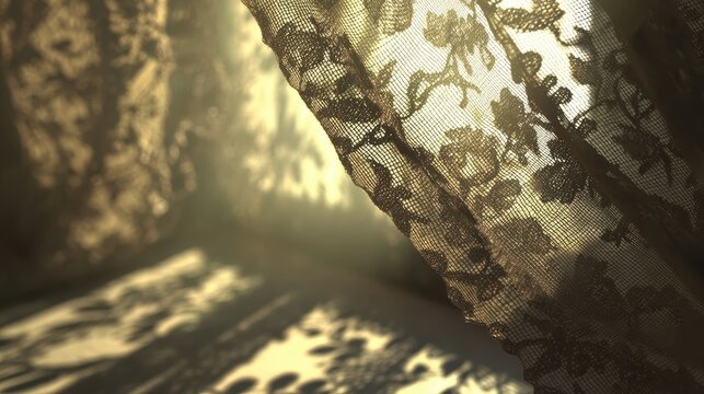 Delicate lace curtains with sunlit shadows.