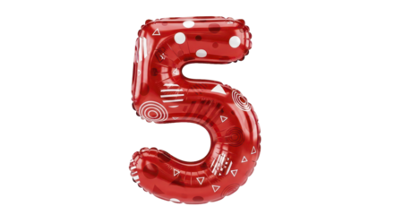 A vibrant red foil number 5 balloon featuring festive white patterns, perfect for a fifth birthday party or anniversary celebration, isolated on a white background