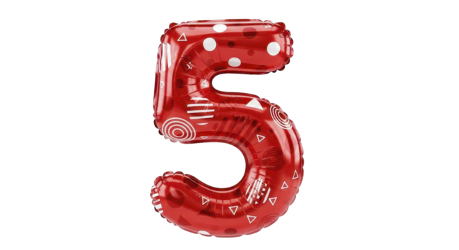 A vibrant red foil number 5 balloon featuring festive white patterns, perfect for a fifth birthday party or anniversary celebration, isolated on a white background