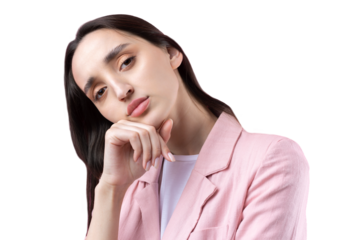 Portrait of beautiful young woman in pink jacket thinking isolated on red background
