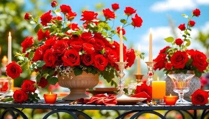 Beautiful table centerpiece featuring candles, roses, and crystal vases