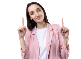 Happy young caucasian female in a pink jacket pointing fingers away