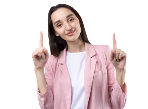 Happy young caucasian female in a pink jacket pointing fingers away