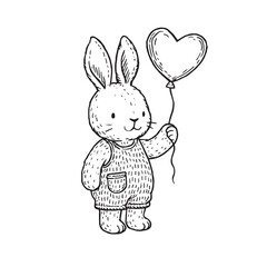 Cute Bunny with Heart Balloon Coloring Postcard. A sweet hand-drawn black and white illustration of a little rabbit holding a heart-shaped balloon, perfect for coloring pages, kids&rsquo; postcards and crea