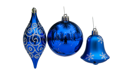 Three vibrant blue Christmas ball ornaments isolated on a transparent PNG background. Perfect for holiday designs, greeting cards, and festive decorations
