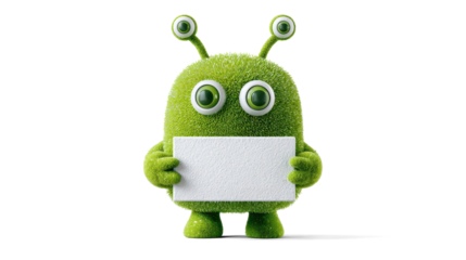 neon green alien with glittery skin, square pupils, and short legs