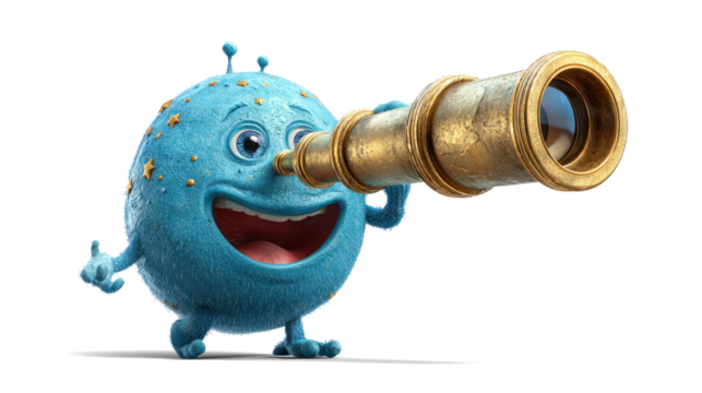 joyful sky-blue alien with a round body and star-shaped freckles