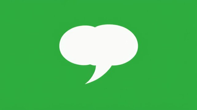 A white, double-lobed speech bubble icon with a pointed tail on a vibrant green background, symbolizing communication or chat.